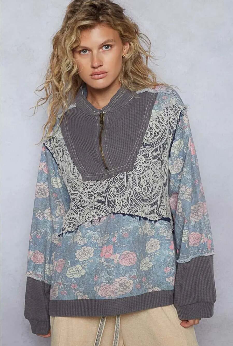 POL Floral Print Paisley Lace Half Zip Waffle Knit Long Sleeve Top